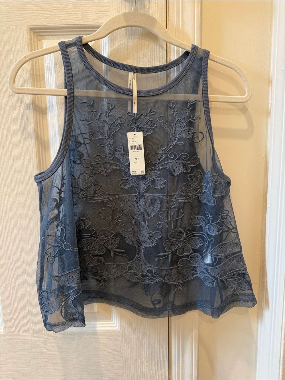 Anthropologie Sheer Embroidered Tank Top - Dusty Blue